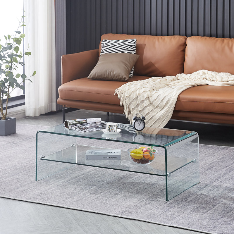 Wade Logan Tempered Clear Glass Sled Coffee Table with Storage for Living Room Charise Reviews Wayfair